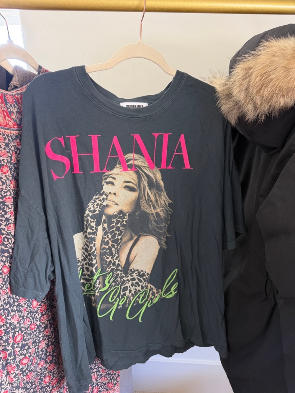 Daydreamer Black Shania Graphic Tee with Pink and Neon Green Print